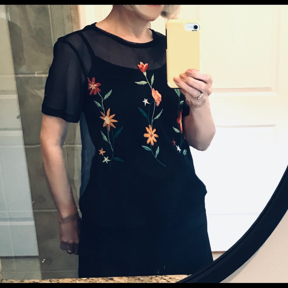Trendy semi-sheer mesh embroidered top